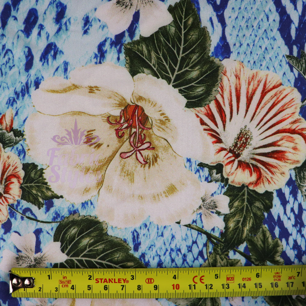 FS690 Snake Floral | Fabric | Activewear, Animal, Blue, Cobra, drape, Fabric, fashion, fashion fabric, Floral, Flower, flowers, Neon, pink, polyester, sale, Skin, Snake, Snake Skin, Snakeskin, spandex, sportswear, stretch, Stretchy, Swim, Swimming, Swimwear | Fabric Styles