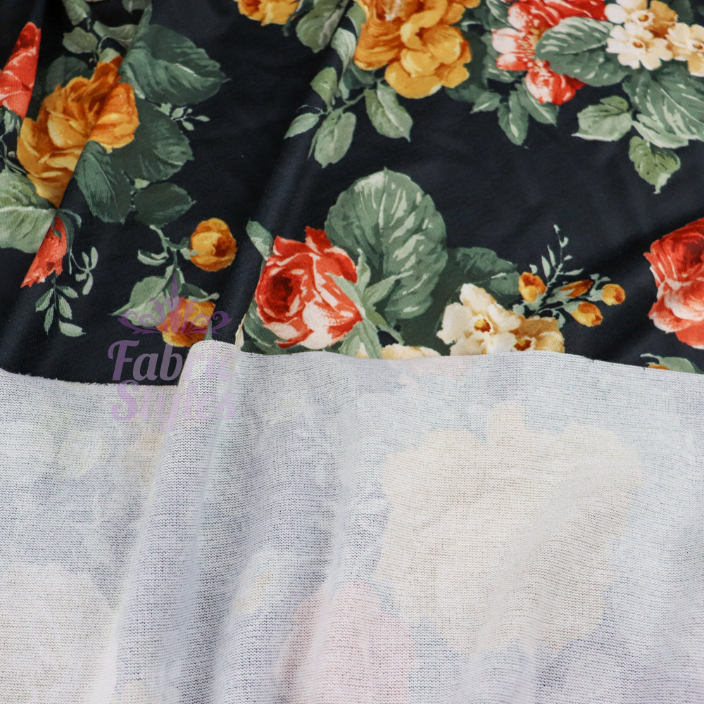 FS970 Floral Stretch Knit Fabric Black | Fabric | blue, broom, Children, drape, elastane, Fabric, fashion fabric, Floral, Flower, jersey, Kids, Knit, Knitwear, Loungewear, making, Pink, Polyester, Potions, Potter, sale, sewing, Skirt, Stretchy | Fabric Styles