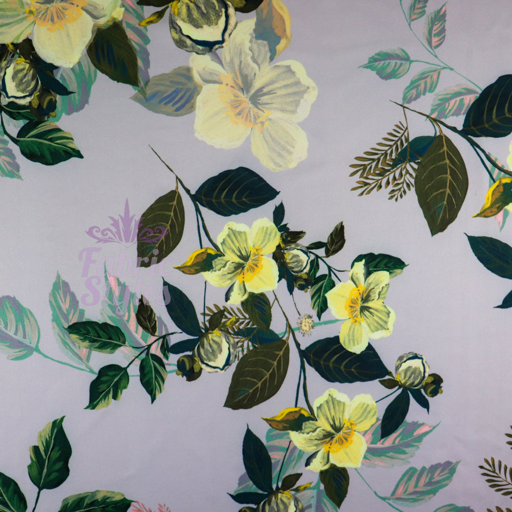 FS974 Grey Floral | Fabric | Fabric, fashion fabric, Floral, jersey, Purple, scuba, sewing, stretch, White | Fabric Styles