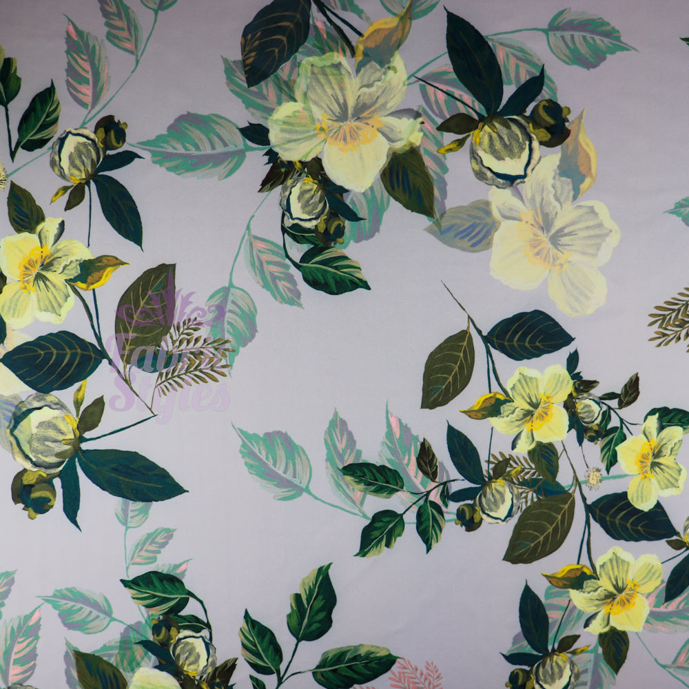 FS974 Grey Floral | Fabric | Fabric, fashion fabric, Floral, jersey, Purple, scuba, sewing, stretch, White | Fabric Styles