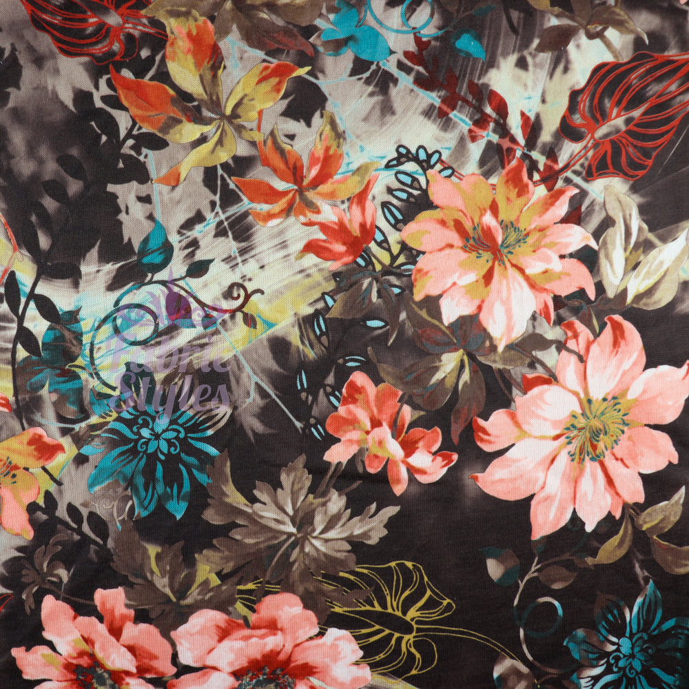 FS971 Floral Stretch Knit Fabric Brown | Fabric | blue, broom, Children, drape, elastane, Fabric, fashion fabric, Floral, Flower, jersey, Kids, Knit, Knitwear, Loungewear, making, Pink, Polyester, Potions, Potter, sale, sewing, Skirt, Stretchy | Fabric Styles