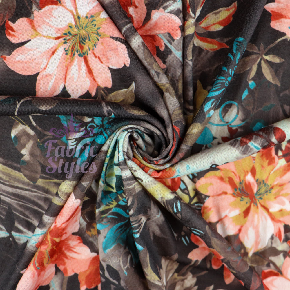 FS971 Floral Stretch Knit Fabric Brown | Fabric | blue, broom, Children, drape, elastane, Fabric, fashion fabric, Floral, Flower, jersey, Kids, Knit, Knitwear, Loungewear, making, Pink, Polyester, Potions, Potter, sale, sewing, Skirt, Stretchy | Fabric Styles