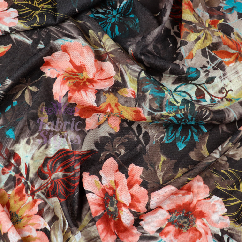 FS971 Floral Stretch Knit Fabric Brown | Fabric | blue, broom, Children, drape, elastane, Fabric, fashion fabric, Floral, Flower, jersey, Kids, Knit, Knitwear, Loungewear, making, Pink, Polyester, Potions, Potter, sale, sewing, Skirt, Stretchy | Fabric Styles