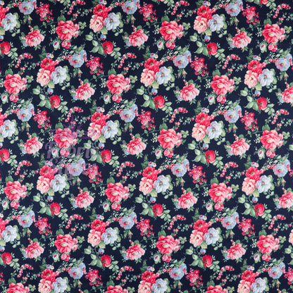 FS969 Navy Floral Stretch Knit Fabric | Fabric | blue, broom, Children, drape, elastane, Fabric, fashion fabric, Floral, Flower, jersey, Kids, Knit, Knitwear, Loungewear, making, Pink, Polyester, Potions, Potter, sale, sewing, Skirt, Stretchy | Fabric Styles