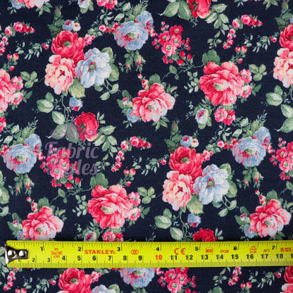 FS969 Navy Floral Stretch Knit Fabric | Fabric | blue, broom, Children, drape, elastane, Fabric, fashion fabric, Floral, Flower, jersey, Kids, Knit, Knitwear, Loungewear, making, Pink, Polyester, Potions, Potter, sale, sewing, Skirt, Stretchy | Fabric Styles