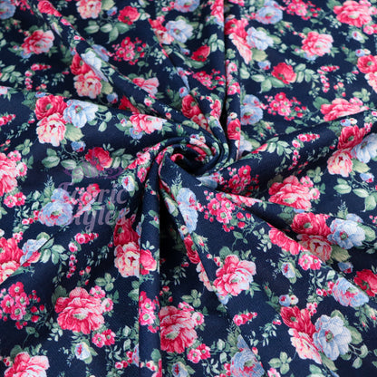 FS969 Navy Floral Stretch Knit Fabric | Fabric | blue, broom, Children, drape, elastane, Fabric, fashion fabric, Floral, Flower, jersey, Kids, Knit, Knitwear, Loungewear, making, Pink, Polyester, Potions, Potter, sale, sewing, Skirt, Stretchy | Fabric Styles