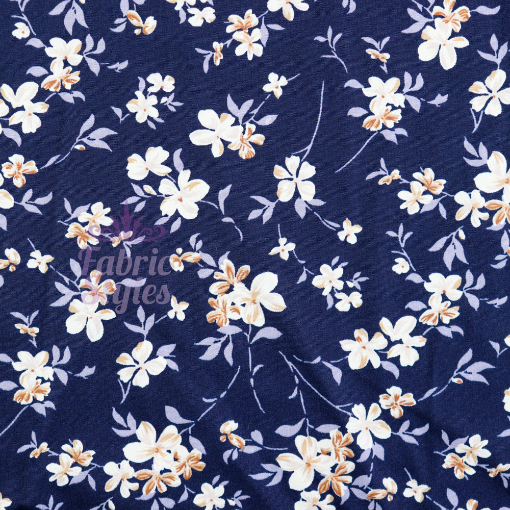 FS979 Navy Floral Polycotton | Fabric | Butterfly, Castle, Children, Colourful, drape, Fabric, fashion fabric, floral, flower, Kids, making, Navy, Poly, Poly Cotton, Princess, Rose, sewing, Skirt, White | Fabric Styles