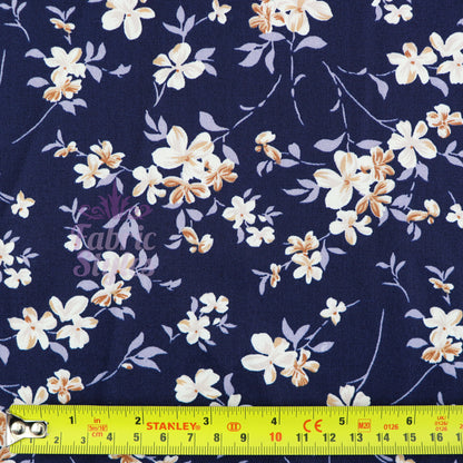 FS979 Navy Floral Polycotton | Fabric | Butterfly, Castle, Children, Colourful, drape, Fabric, fashion fabric, floral, flower, Kids, making, Navy, Poly, Poly Cotton, Princess, Rose, sewing, Skirt, White | Fabric Styles