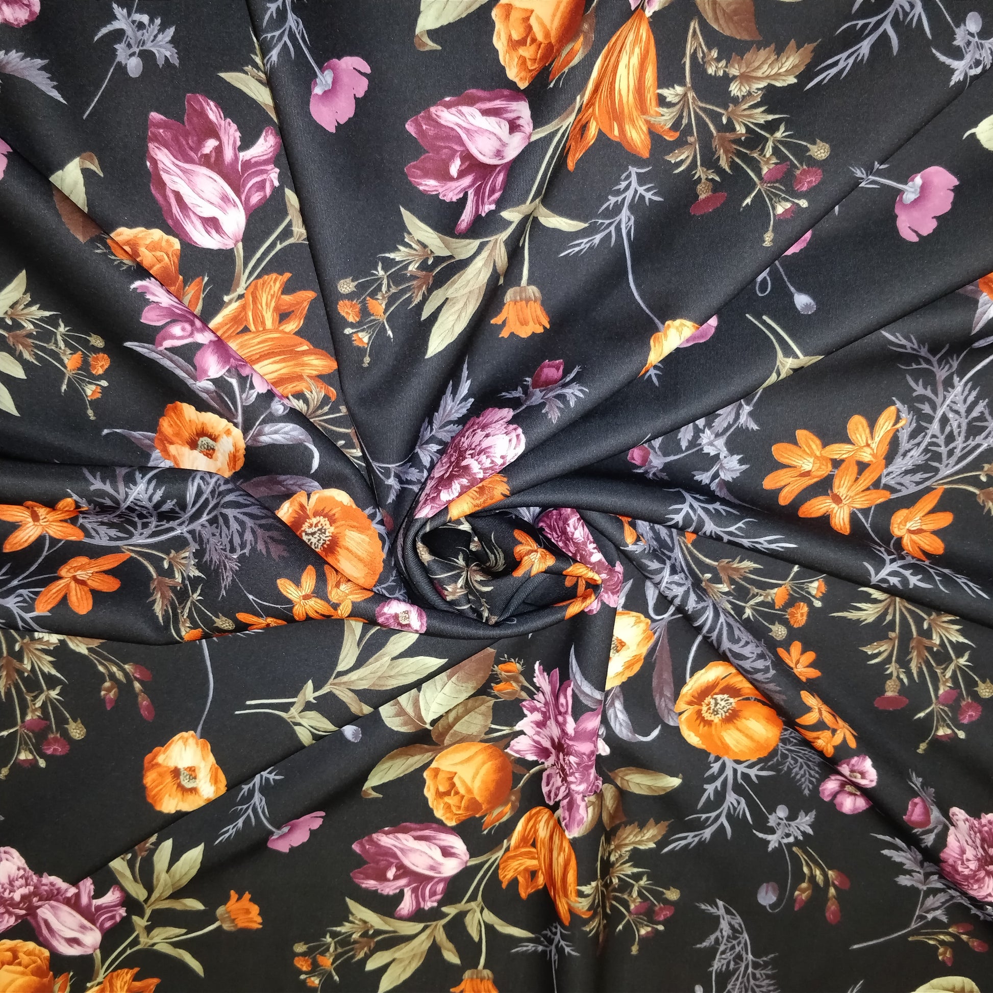 FS101_6 Black Base Floral Print | Fabric | Fabric, Floral, Orange, Scuba | Fabric Styles