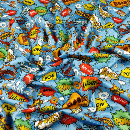 FS161 Comic Print Scuba Stretch Fabric Grey Blue Yellow White | Fabric | Bang, Blue, Boom, Comic, drape, Exclusive, Fabric, fashion fabric, Grey, jersey, making, Scuba, sewing, Stretchy, White, Yellow | Fabric Styles