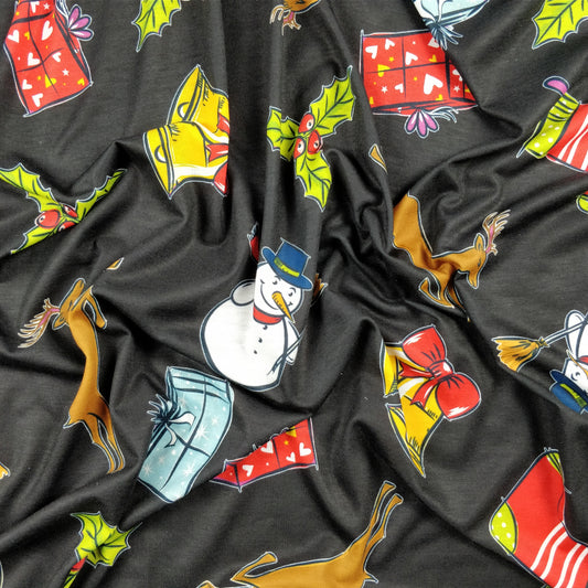 FS151 Snowman Bells Print Black Spun Polyester Knit Stretch Fabric Black | Fabric | Bell, Bells, Christmas, fabric, Gift, Holly, jersey, polyester, Present, presents, Reindeer, santa, sledge, snowflakes, snowman, spun polyester, Spun Polyester Elastane, xmas | Fabric Styles