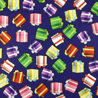 FS158 Presents Gifts Purple Base | Fabric | Box, Boxes, Christmas, drape, fabric, fashion fabric, Gift, Gifts, Green, jersey, making, Package, Packages, polyester, Present, presents, Purple, santa, sewing, spun polyester, xmas | Fabric Styles