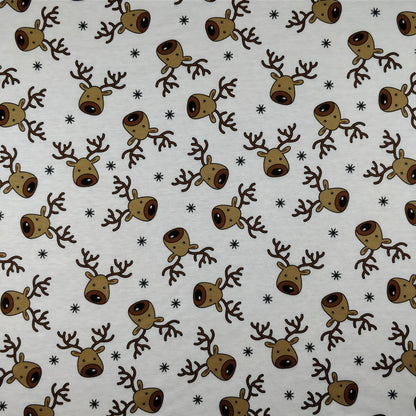 FS073_1 Christmas Rudolf Reindeer Spun Polyester Jersey Knit Stretch Fabric White | Fabric | Brown, Christmas, fabric, Ivory, jersey, Knit, polyester, Reindeer, Rudolf, Snow, Snowflake, snowflakes, Spun Polyester, Spun Polyester Elastane, White, xmas | Fabric Styles