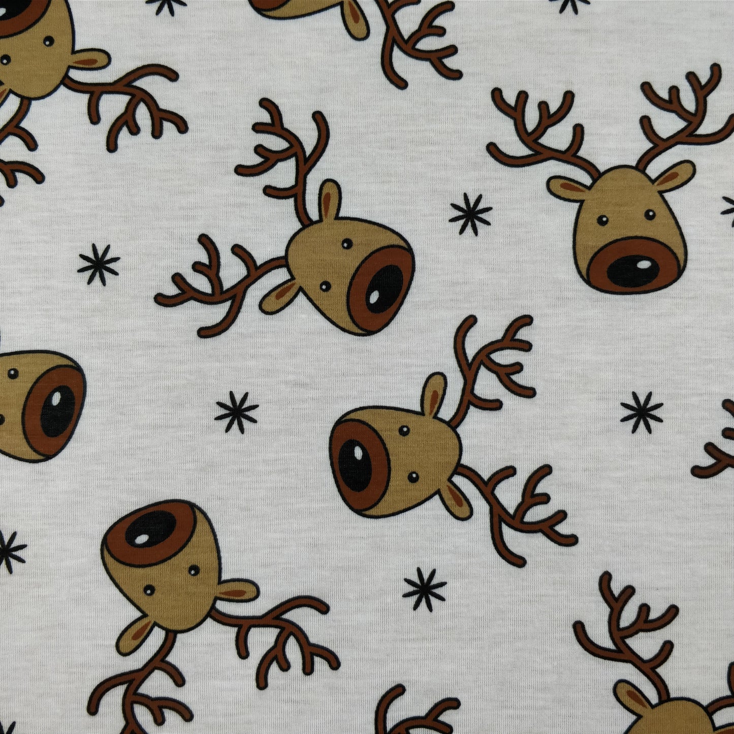 FS073_1 Christmas Rudolf Reindeer Spun Polyester Jersey Knit Stretch Fabric White | Fabric | Brown, Christmas, fabric, Ivory, jersey, Knit, polyester, Reindeer, Rudolf, Snow, Snowflake, snowflakes, Spun Polyester, Spun Polyester Elastane, White, xmas | Fabric Styles