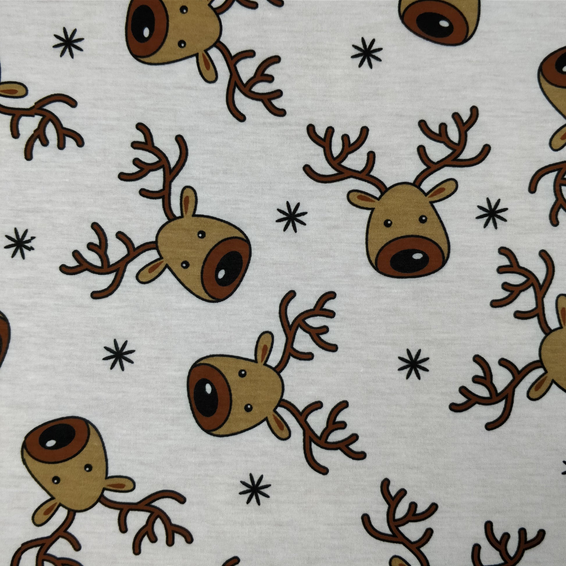 FS073_1 Christmas Rudolf Reindeer Spun Polyester Jersey Knit Stretch Fabric White | Fabric | Brown, Christmas, fabric, Ivory, jersey, Knit, polyester, Reindeer, Rudolf, Snow, Snowflake, snowflakes, Spun Polyester, Spun Polyester Elastane, White, xmas | Fabric Styles