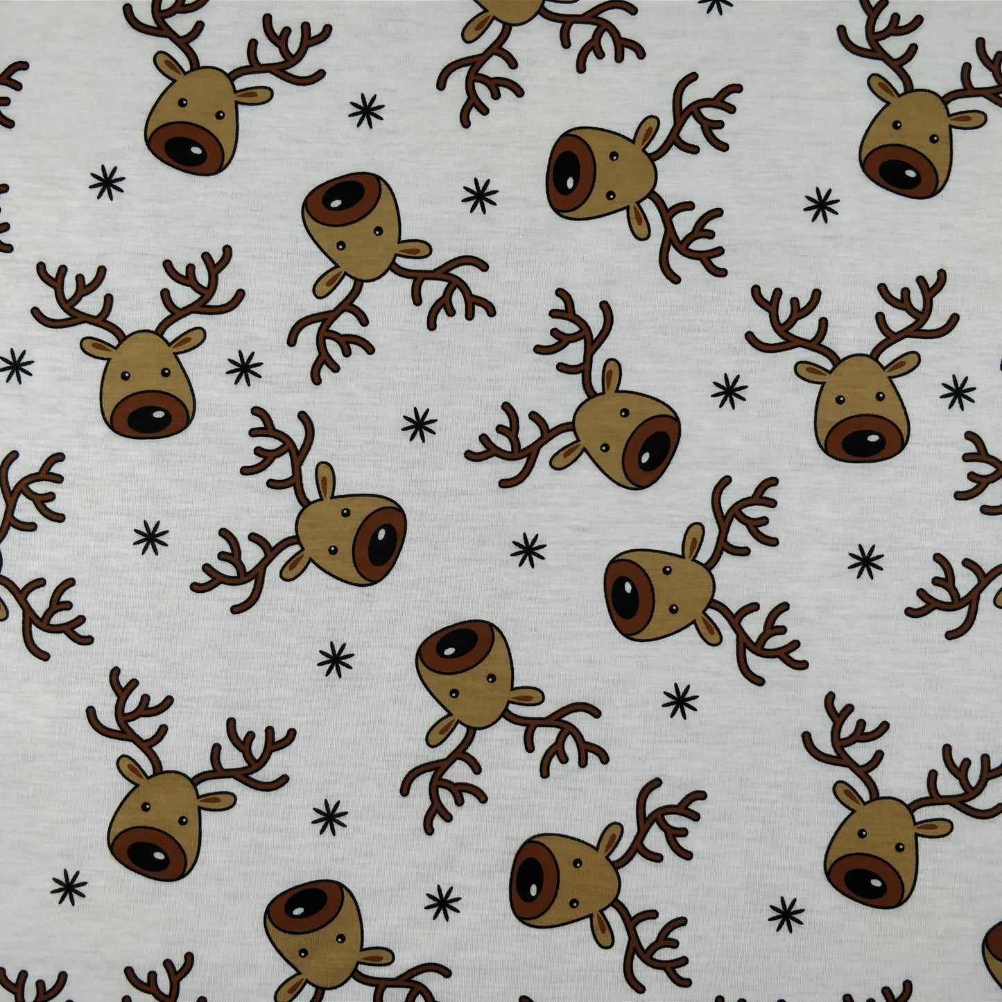 FS073_1 Christmas Rudolf Reindeer Spun Polyester Jersey Knit Stretch Fabric White | Fabric | Brown, Christmas, fabric, Ivory, jersey, Knit, polyester, Reindeer, Rudolf, Snow, Snowflake, snowflakes, Spun Polyester, Spun Polyester Elastane, White, xmas | Fabric Styles