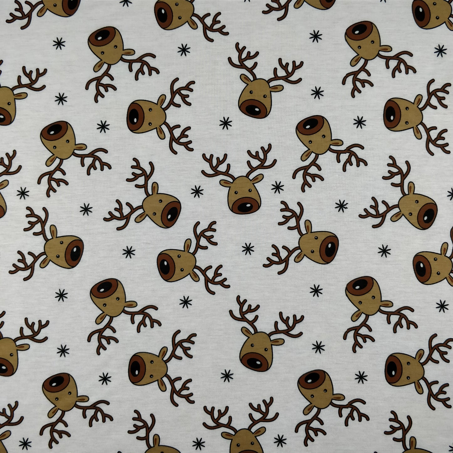 FS073_1 Christmas Rudolf Reindeer Spun Polyester Jersey Knit Stretch Fabric White | Fabric | Brown, Christmas, fabric, Ivory, jersey, Knit, polyester, Reindeer, Rudolf, Snow, Snowflake, snowflakes, Spun Polyester, Spun Polyester Elastane, White, xmas | Fabric Styles