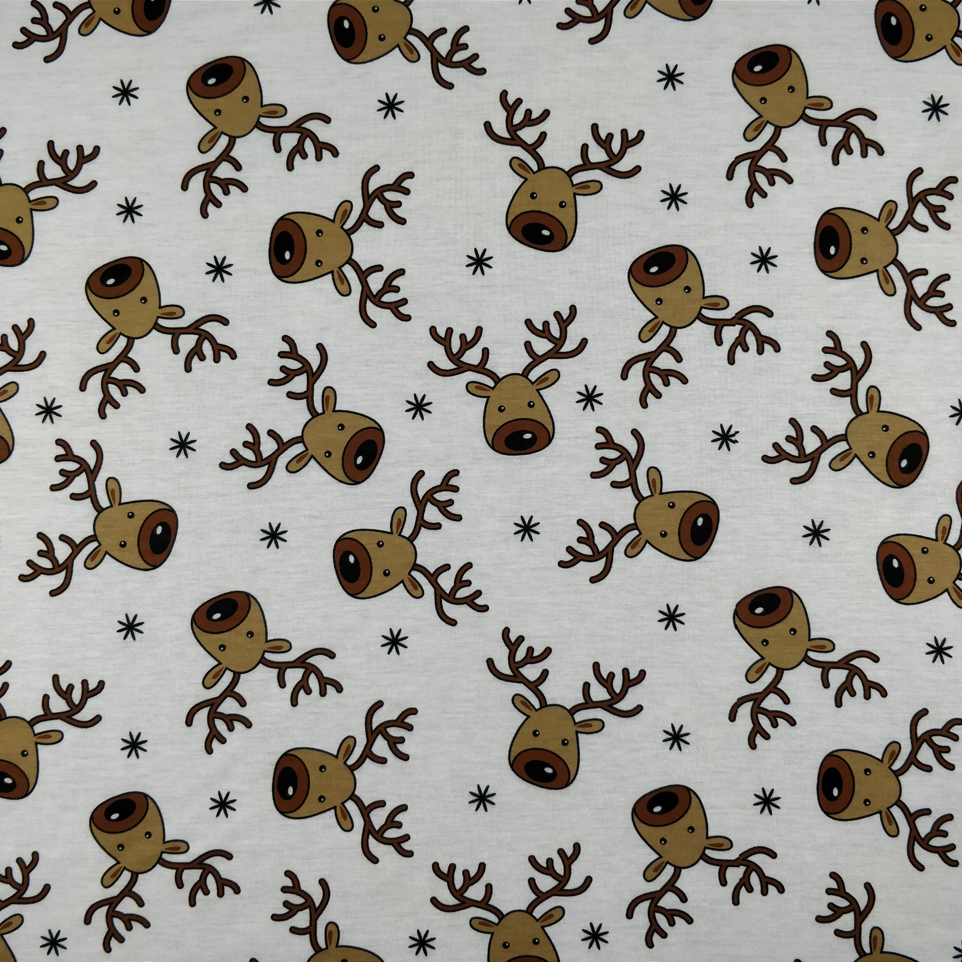 FS073_1 Christmas Rudolf Reindeer Spun Polyester Jersey Knit Stretch Fabric White | Fabric | Brown, Christmas, fabric, Ivory, jersey, Knit, polyester, Reindeer, Rudolf, Snow, Snowflake, snowflakes, Spun Polyester, Spun Polyester Elastane, White, xmas | Fabric Styles