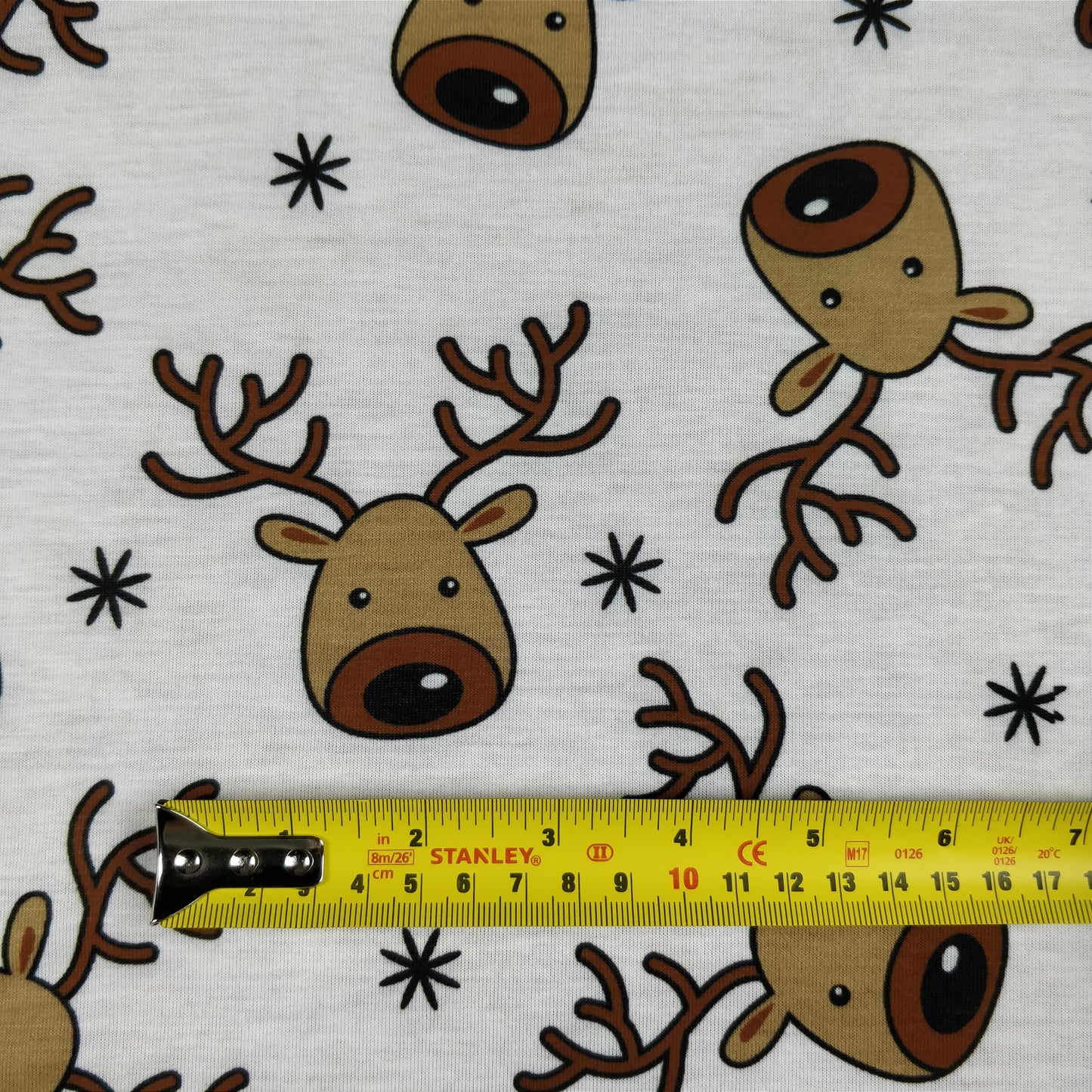 FS073_1 Christmas Rudolf Reindeer Spun Polyester Jersey Knit Stretch Fabric White | Fabric | Brown, Christmas, fabric, Ivory, jersey, Knit, polyester, Reindeer, Rudolf, Snow, Snowflake, snowflakes, Spun Polyester, Spun Polyester Elastane, White, xmas | Fabric Styles