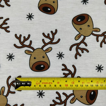 FS073_1 Christmas Rudolf Reindeer Spun Polyester Jersey Knit Stretch Fabric White | Fabric | Brown, Christmas, fabric, Ivory, jersey, Knit, polyester, Reindeer, Rudolf, Snow, Snowflake, snowflakes, Spun Polyester, Spun Polyester Elastane, White, xmas | Fabric Styles