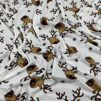 FS073_1 Christmas Rudolf Reindeer Spun Polyester Jersey Knit Stretch Fabric White | Fabric | Brown, Christmas, fabric, Ivory, jersey, Knit, polyester, Reindeer, Rudolf, Snow, Snowflake, snowflakes, Spun Polyester, Spun Polyester Elastane, White, xmas | Fabric Styles