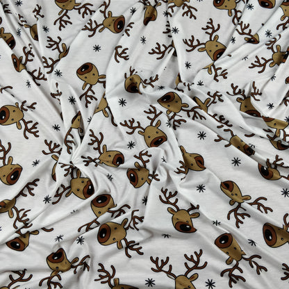 FS073_1 Christmas Rudolf Reindeer Spun Polyester Jersey Knit Stretch Fabric White | Fabric | Brown, Christmas, fabric, Ivory, jersey, Knit, polyester, Reindeer, Rudolf, Snow, Snowflake, snowflakes, Spun Polyester, Spun Polyester Elastane, White, xmas | Fabric Styles