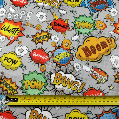 FS161 Comic Print Scuba Stretch Fabric Grey Blue Yellow White | Fabric | Bang, Blue, Boom, Comic, drape, Exclusive, Fabric, fashion fabric, Grey, jersey, making, Scuba, sewing, Stretchy, White, Yellow | Fabric Styles