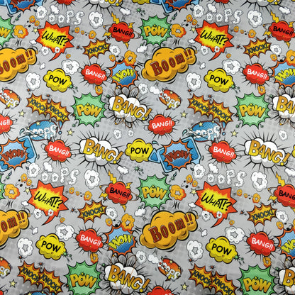 FS161 Comic Print Scuba Stretch Fabric Grey Blue Yellow White | Fabric | Bang, Blue, Boom, Comic, drape, Exclusive, Fabric, fashion fabric, Grey, jersey, making, Scuba, sewing, Stretchy, White, Yellow | Fabric Styles