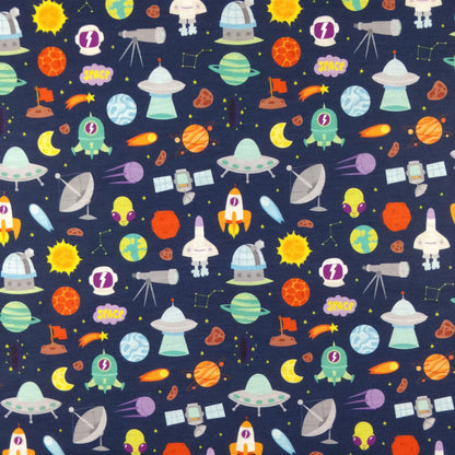 FS176 Space Theme Rockets Planets | babies, boys, children, children's, drape, Exclusive, Fabric, fashion fabric, kids, making, Navy, Planets, Rockets, Satellites, sewing, Space, Spun Polyester, Spun Polyester Elastane, Stars | Fabric Styles