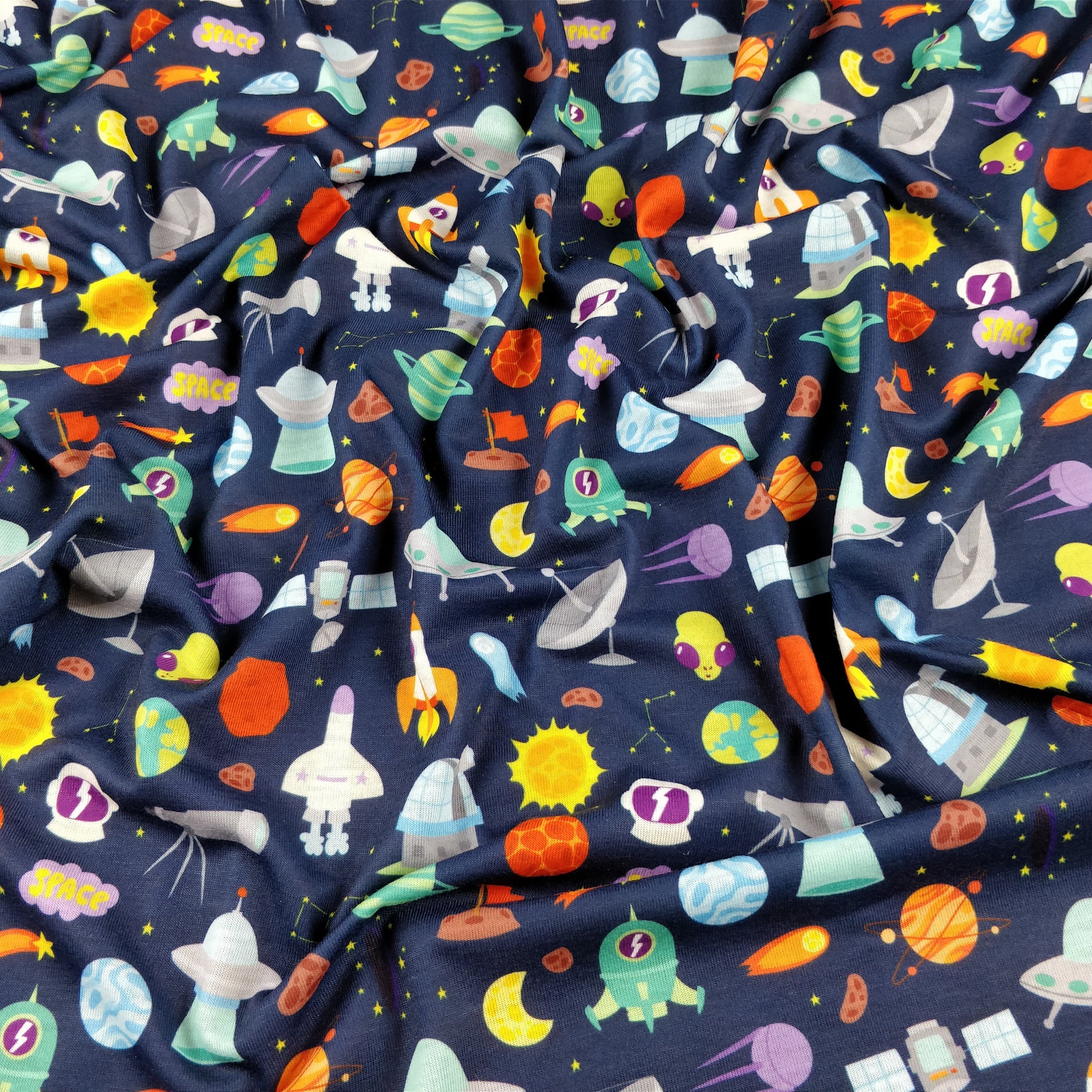 FS176 Space Theme Rockets Planets | babies, boys, children, children's, drape, Exclusive, Fabric, fashion fabric, kids, making, Navy, Planets, Rockets, Satellites, sewing, Space, Spun Polyester, Spun Polyester Elastane, Stars | Fabric Styles