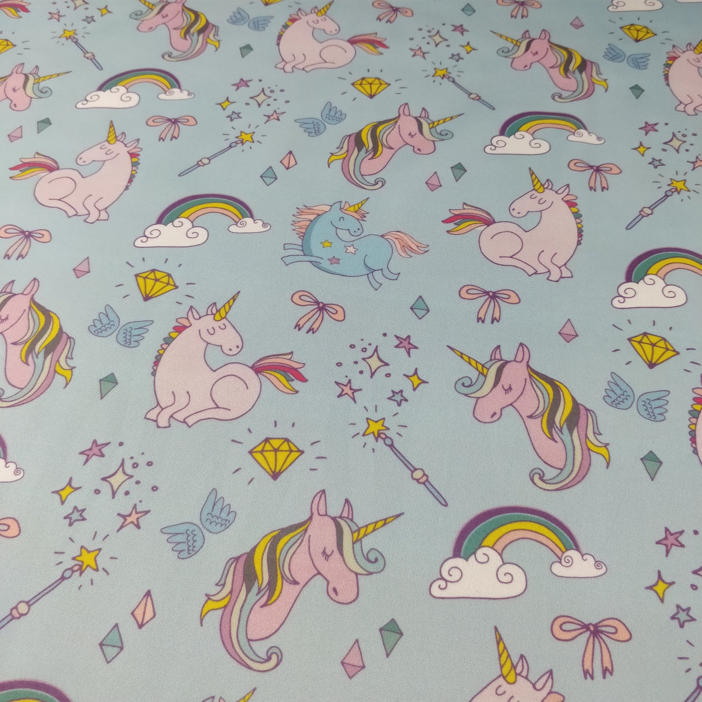 FS169 Unicorn Rainbow | Fabric | Animal, Blue, drape, Exclusive, Fabric, fashion fabric, jersey, making, Rainbow, Scuba, sewing, Stretchy, Unicorn | Fabric Styles