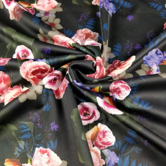 FS193 Vintage Rose Floral | Fabric | Black, drape, Dress making, Fabric, fashion fabric, Floral, Flower, jersey, making, Navy, Pink, Rose, Scuba, sewing, Stretchy | Fabric Styles