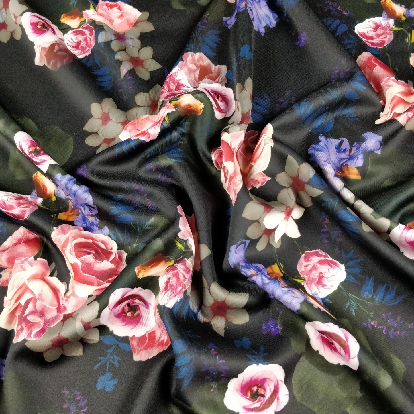 FS193 Vintage Rose Floral | Fabric | Black, drape, Dress making, Fabric, fashion fabric, Floral, Flower, jersey, making, Navy, Pink, Rose, Scuba, sewing, Stretchy | Fabric Styles