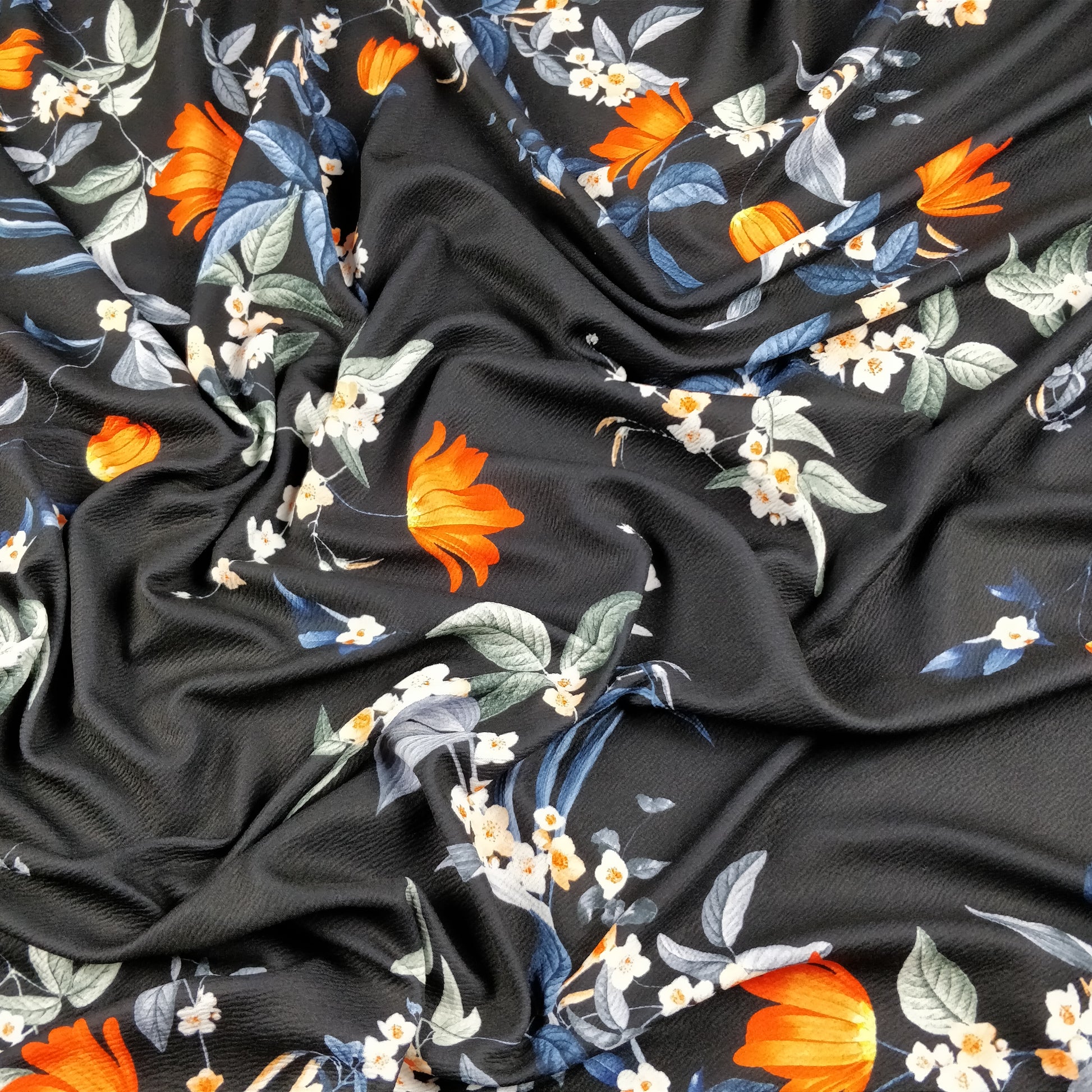 FS194 Orange Tulip | Fabric | black, drape, Dress Fabric, Dress making, Dressmaking Fabric, Fabric, fashion fabric, Floral, Flower, FS194, limited, Liverpool, making, Orange, Pink, Purple, Sale, sewing, Summer, Waffle, White, Yellow | Fabric Styles