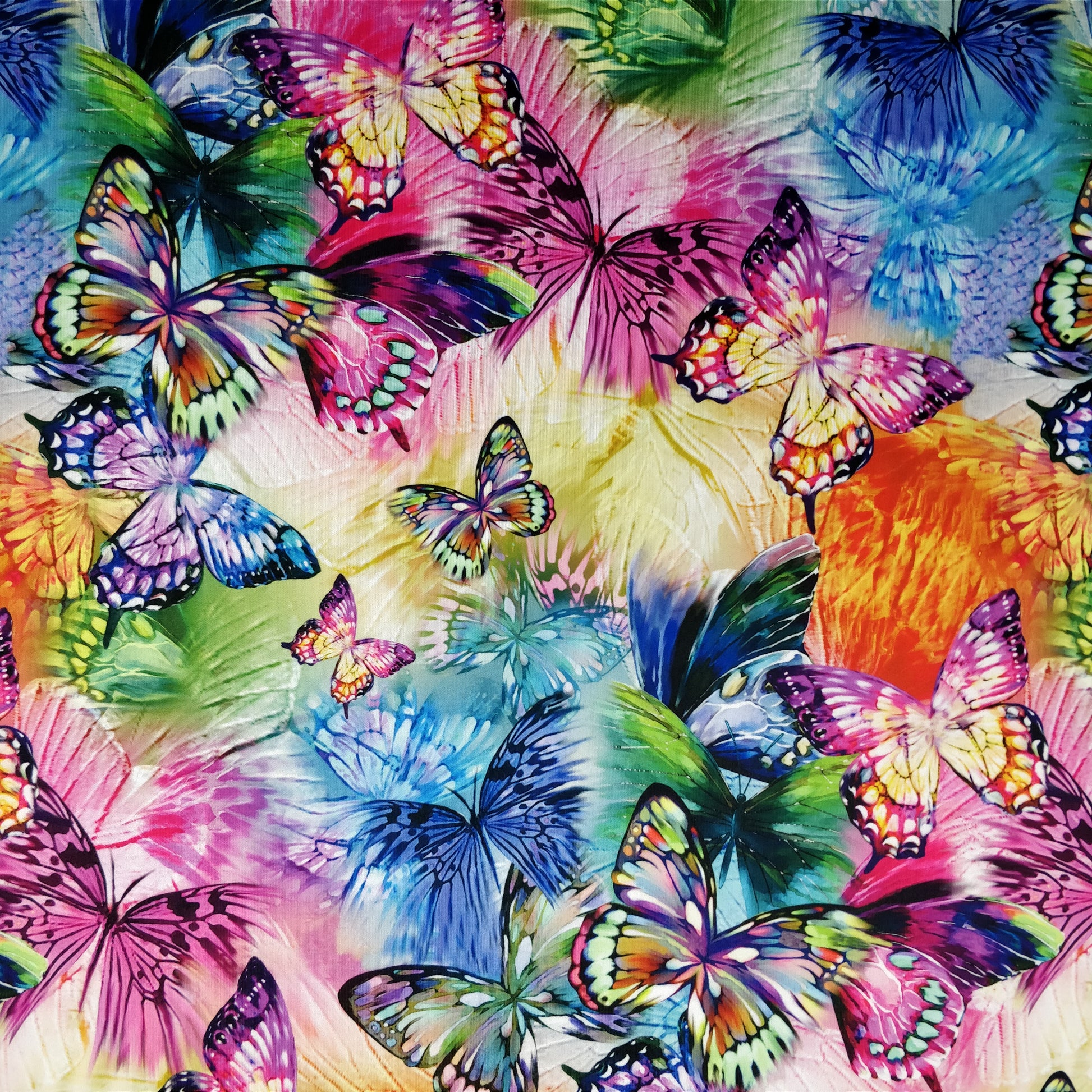 FS204 Multi Colour Rainbow Butterfly | Fabric | Animal, Butterfly, Colorful, Colourful, drape, Dress Fabric, Dress making, Dressmaking Fabric, Fabric, fashion fabric, Flutter, Insect, making, Multi Colour, Multicolor, Multicolour, Rainbow, Scuba, sewing | Fabric Styles