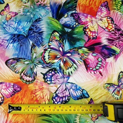 FS204 Multi Colour Rainbow Butterfly | Fabric | Animal, Butterfly, Colorful, Colourful, drape, Dress Fabric, Dress making, Dressmaking Fabric, Fabric, fashion fabric, Flutter, Insect, making, Multi Colour, Multicolor, Multicolour, Rainbow, Scuba, sewing | Fabric Styles