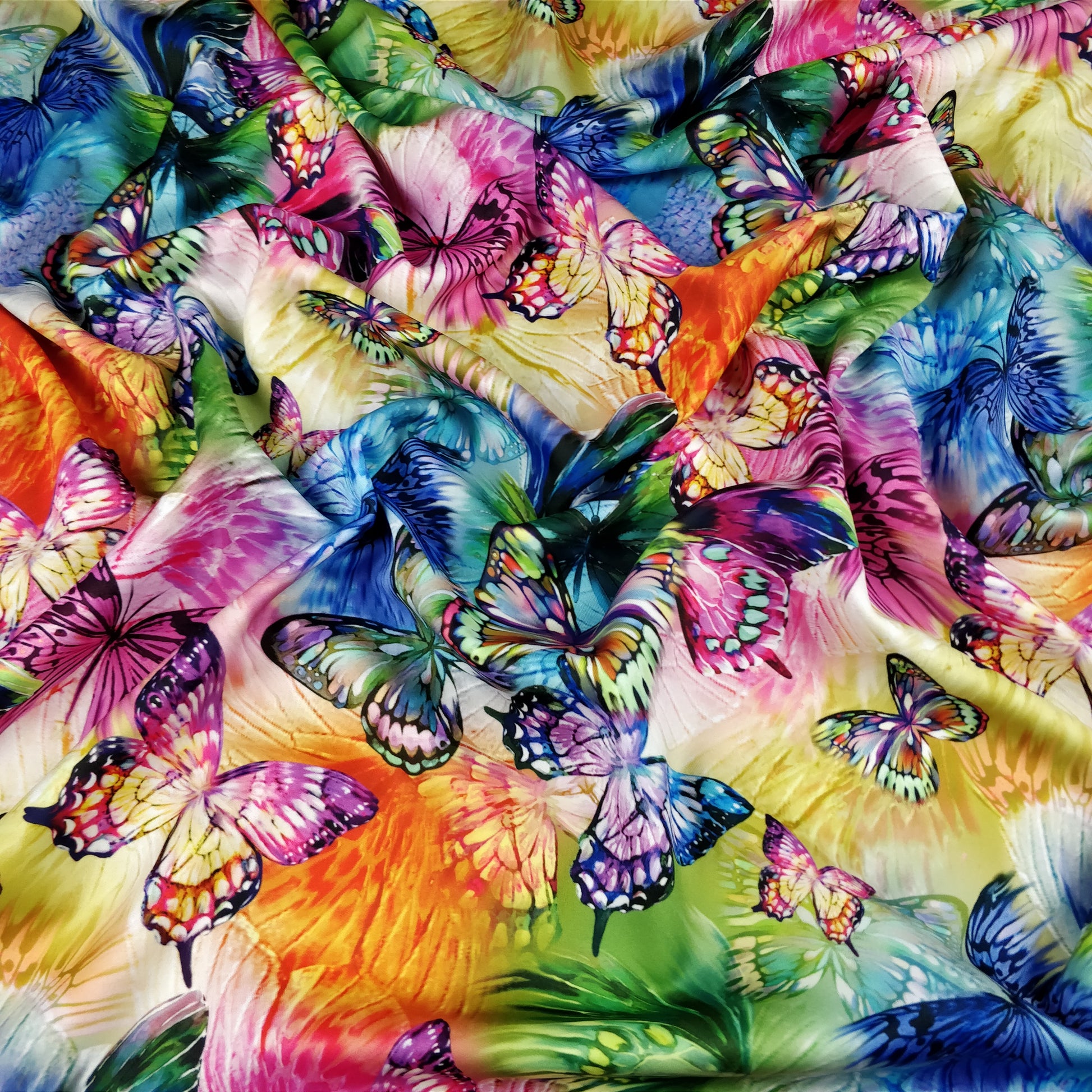 FS204 Multi Colour Rainbow Butterfly | Fabric | Animal, Butterfly, Colorful, Colourful, drape, Dress Fabric, Dress making, Dressmaking Fabric, Fabric, fashion fabric, Flutter, Insect, making, Multi Colour, Multicolor, Multicolour, Rainbow, Scuba, sewing | Fabric Styles