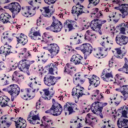 FS205_1 Purple Cats | Animal, Cat, Cats, children's, Conversational, drape, Fabric, fabricstyles, fashion fabric, Kids, Kiten, Kittens, Light Pink, making, Purple, Scuba | Fabric Styles