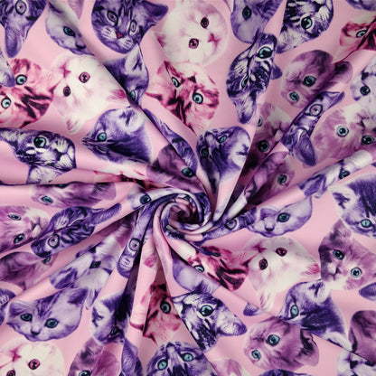 FS205_1 Purple Cats | Animal, Cat, Cats, children's, Conversational, drape, Fabric, fabricstyles, fashion fabric, Kids, Kiten, Kittens, Light Pink, making, Purple, Scuba | Fabric Styles