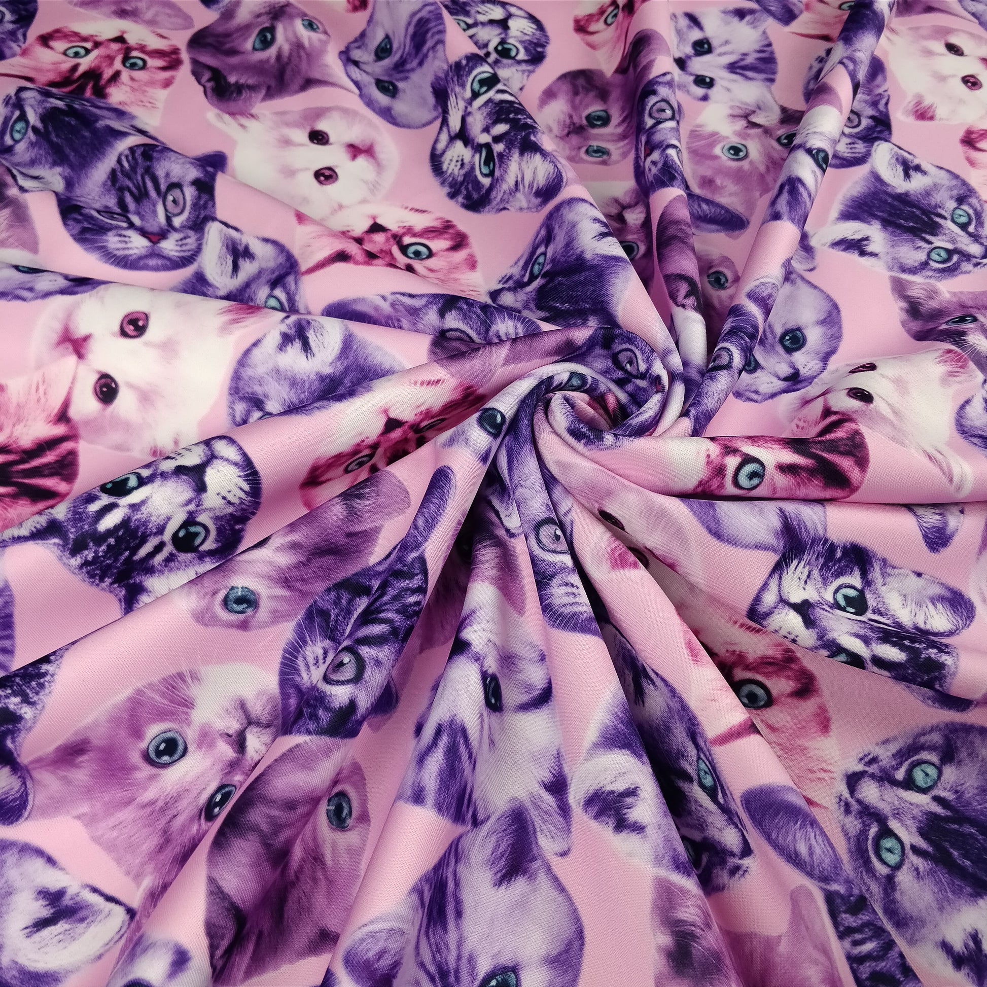 FS205_1 Purple Cats | Animal, Cat, Cats, children's, Conversational, drape, Fabric, fabricstyles, fashion fabric, Kids, Kiten, Kittens, Light Pink, making, Purple, Scuba | Fabric Styles