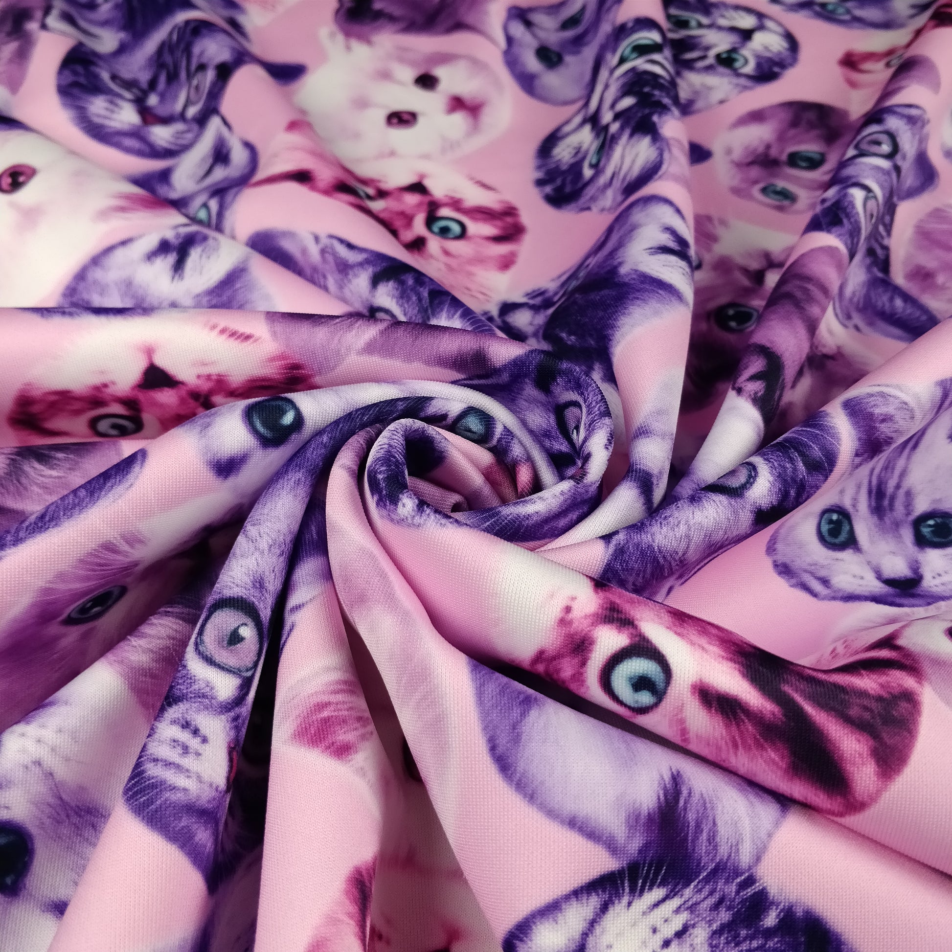 FS205_1 Purple Cats | Animal, Cat, Cats, children's, Conversational, drape, Fabric, fabricstyles, fashion fabric, Kids, Kiten, Kittens, Light Pink, making, Purple, Scuba | Fabric Styles