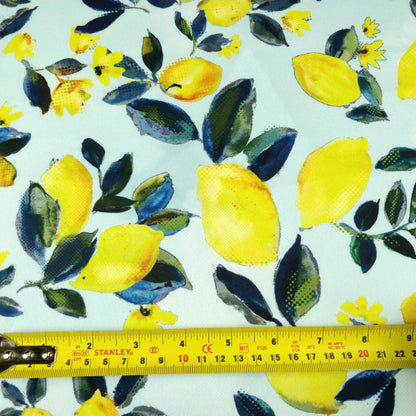 FS294 Amalfi Lemons | Fabric | Black, Blue, elastane, Fabric, fashion fabric, Floral, Fruit, Fruits, Garden, jersey, Leaf, Lemon, Lemons, Light, making, Mint, Polyester, Scuba, sewing, Skirt, Stretchy, Summer, Yellow | Fabric Styles