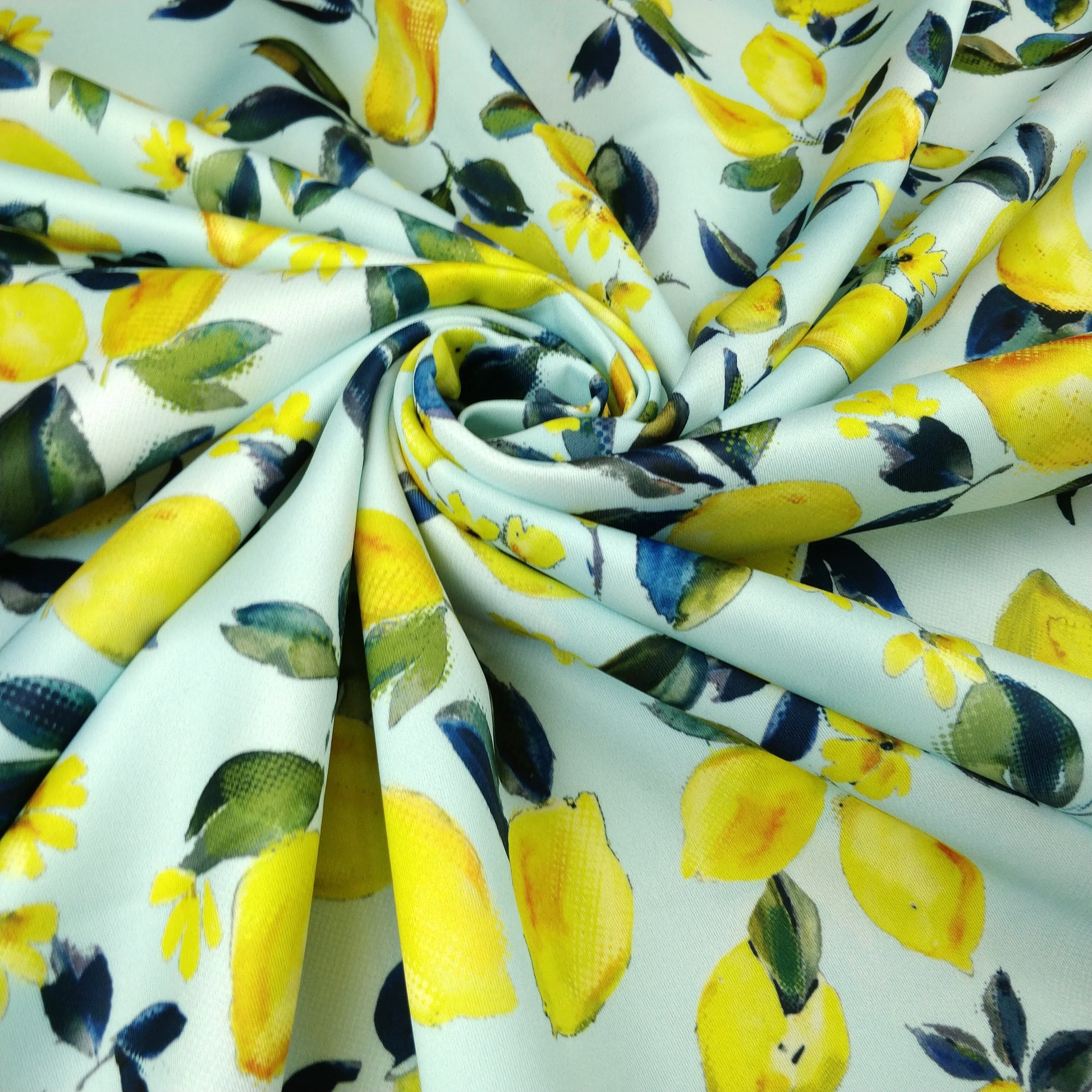 FS294 Amalfi Lemons | Fabric | Black, Blue, elastane, Fabric, fashion fabric, Floral, Fruit, Fruits, Garden, jersey, Leaf, Lemon, Lemons, Light, making, Mint, Polyester, Scuba, sewing, Skirt, Stretchy, Summer, Yellow | Fabric Styles