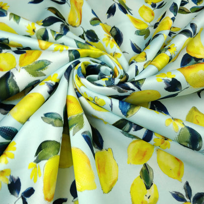 FS294 Amalfi Lemons | Fabric | Black, Blue, elastane, Fabric, fashion fabric, Floral, Fruit, Fruits, Garden, jersey, Leaf, Lemon, Lemons, Light, making, Mint, Polyester, Scuba, sewing, Skirt, Stretchy, Summer, Yellow | Fabric Styles