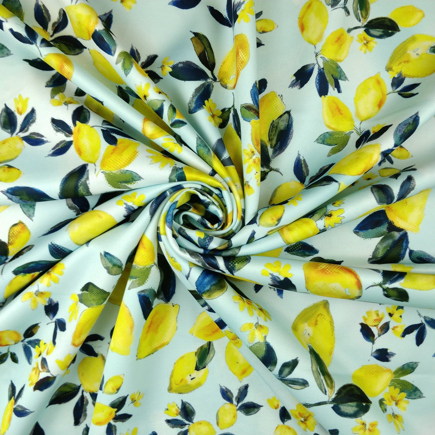 FS294 Amalfi Lemons | Fabric | Black, Blue, elastane, Fabric, fashion fabric, Floral, Fruit, Fruits, Garden, jersey, Leaf, Lemon, Lemons, Light, making, Mint, Polyester, Scuba, sewing, Skirt, Stretchy, Summer, Yellow | Fabric Styles