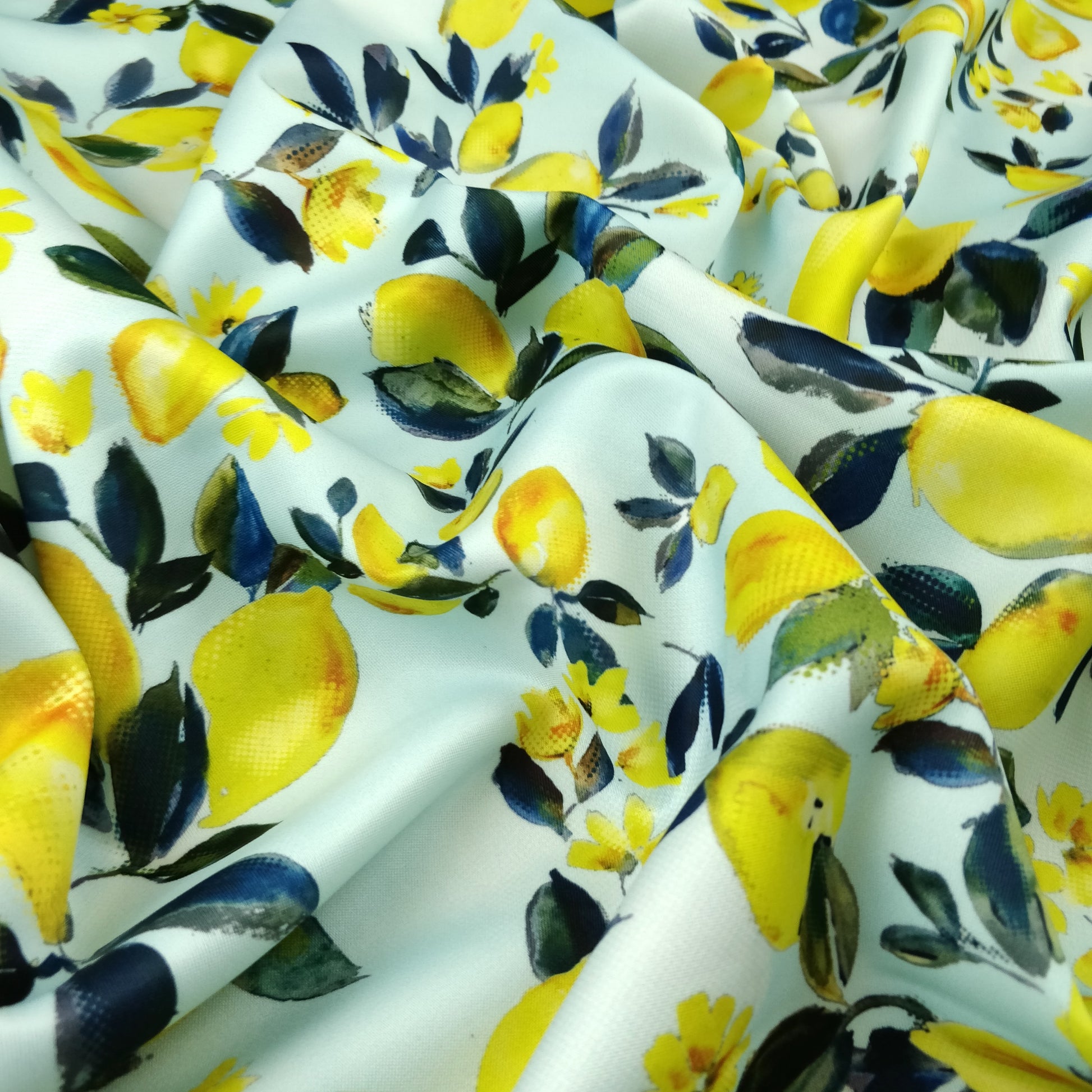 FS294 Amalfi Lemons | Fabric | Black, Blue, elastane, Fabric, fashion fabric, Floral, Fruit, Fruits, Garden, jersey, Leaf, Lemon, Lemons, Light, making, Mint, Polyester, Scuba, sewing, Skirt, Stretchy, Summer, Yellow | Fabric Styles