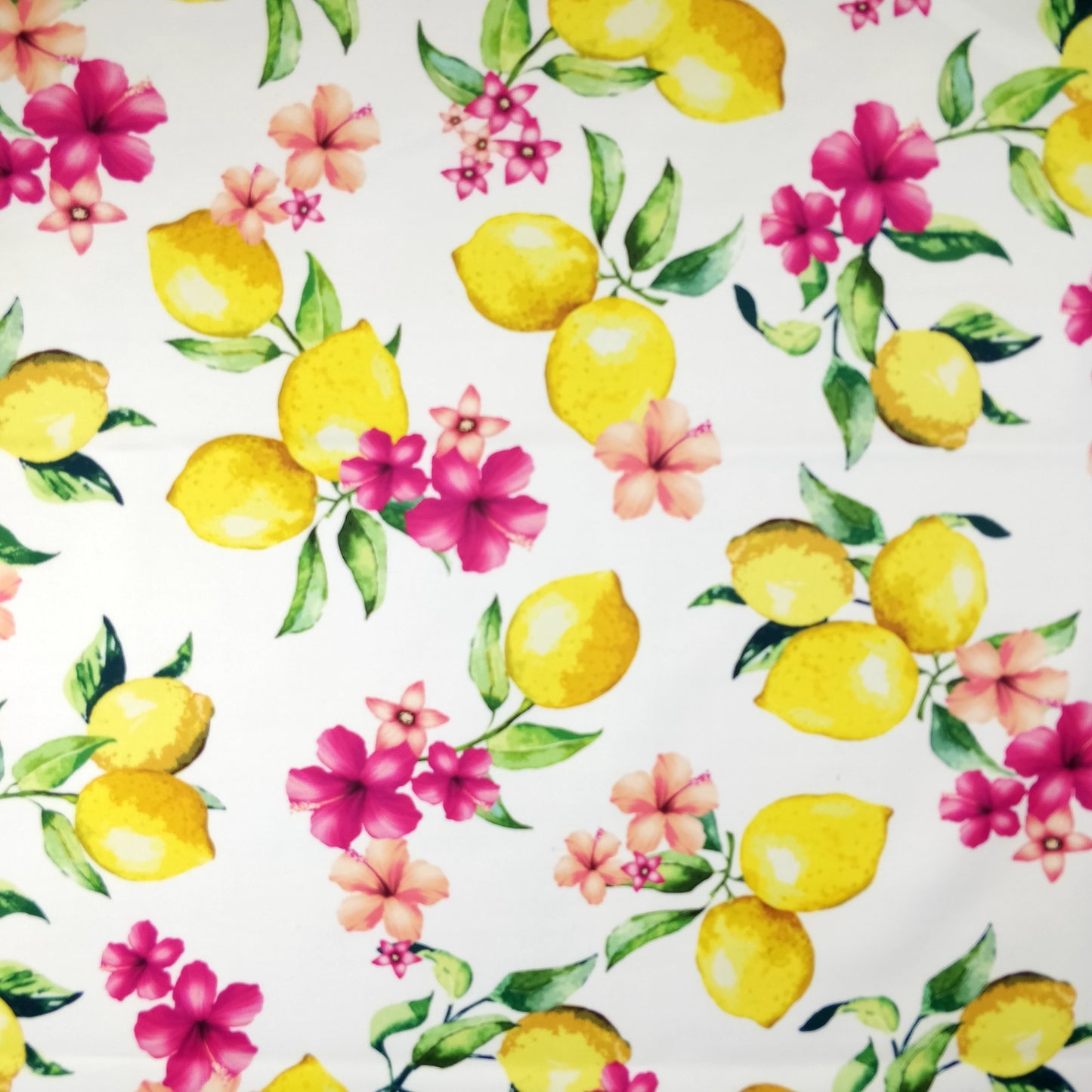 FS295 Lemon Floral Scuba Stretch Knit Fabric White & Black | Fabric | Black, Blue, Fabric, Floral, Flower, Flowers, Fruit, Garden, Leaf, Lemon, Lemons, Light, Mint, Petal, Pink, Scuba, Summer, White, Yellow | Fabric Styles