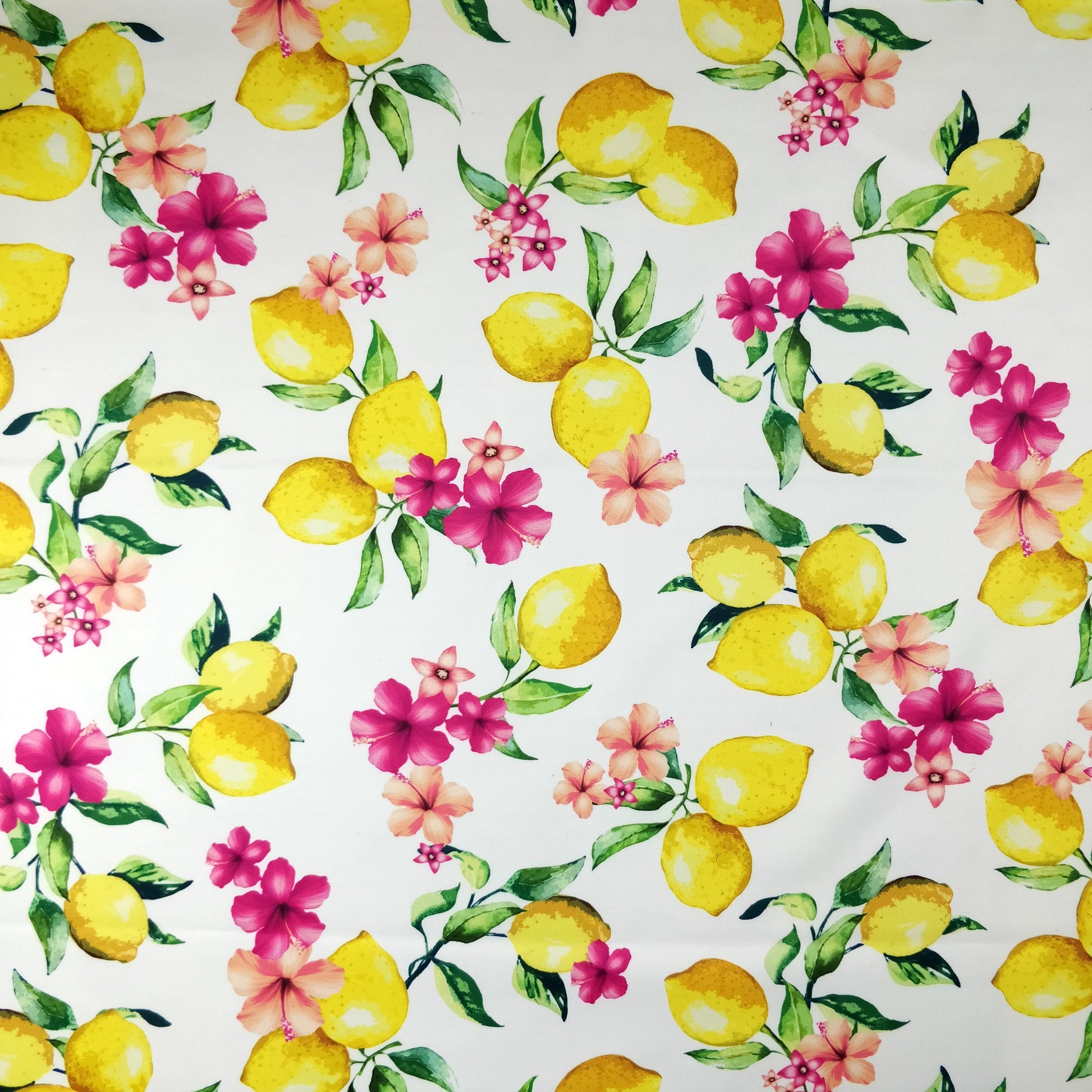 FS295 Lemon Floral Scuba Stretch Knit Fabric White & Black | Fabric | Black, Blue, Fabric, Floral, Flower, Flowers, Fruit, Garden, Leaf, Lemon, Lemons, Light, Mint, Petal, Pink, Scuba, Summer, White, Yellow | Fabric Styles