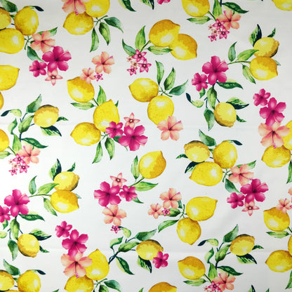 FS295 Lemon Floral Scuba Stretch Knit Fabric White & Black | Fabric | Black, Blue, Fabric, Floral, Flower, Flowers, Fruit, Garden, Leaf, Lemon, Lemons, Light, Mint, Petal, Pink, Scuba, Summer, White, Yellow | Fabric Styles