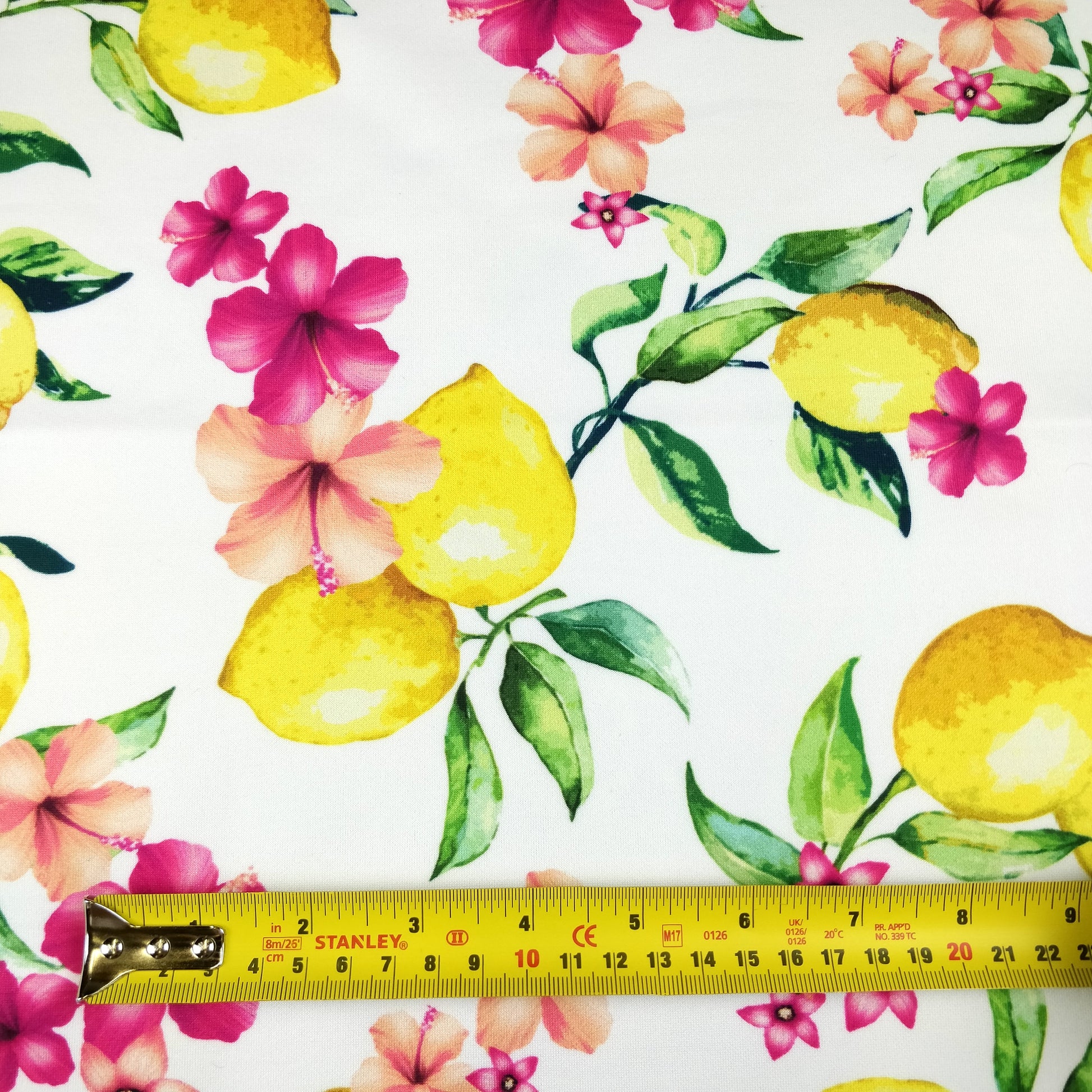 FS295 Lemon Floral Scuba Stretch Knit Fabric White & Black | Fabric | Black, Blue, Fabric, Floral, Flower, Flowers, Fruit, Garden, Leaf, Lemon, Lemons, Light, Mint, Petal, Pink, Scuba, Summer, White, Yellow | Fabric Styles